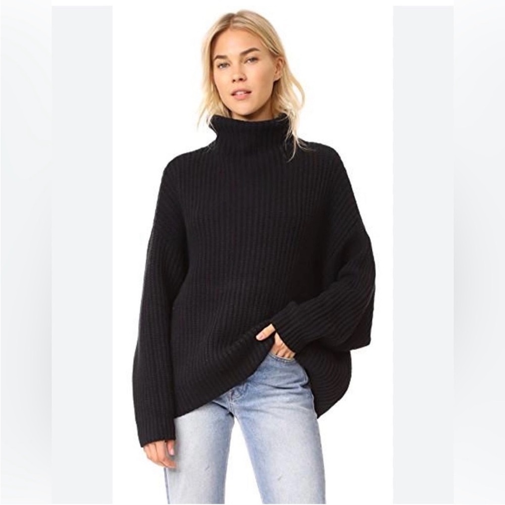 Free People Swim Too Deep Black Chunky Knit Turtleneck Sweater Black Oversized